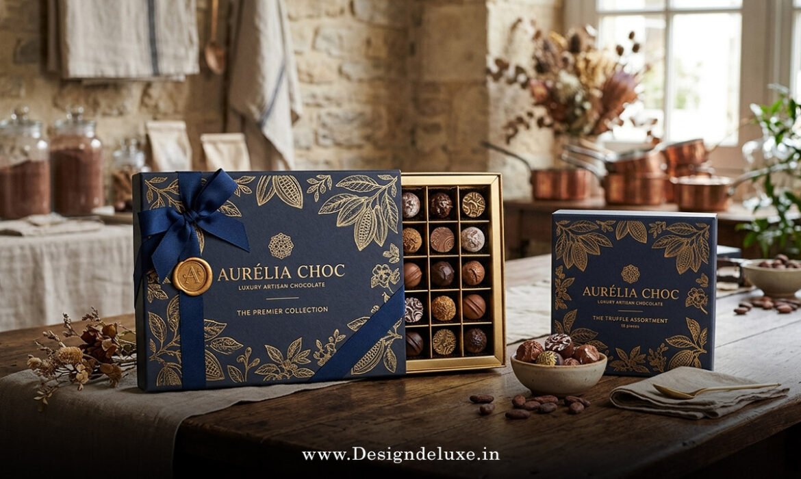 Artisan chocolate packaging design for luxury gift boxes