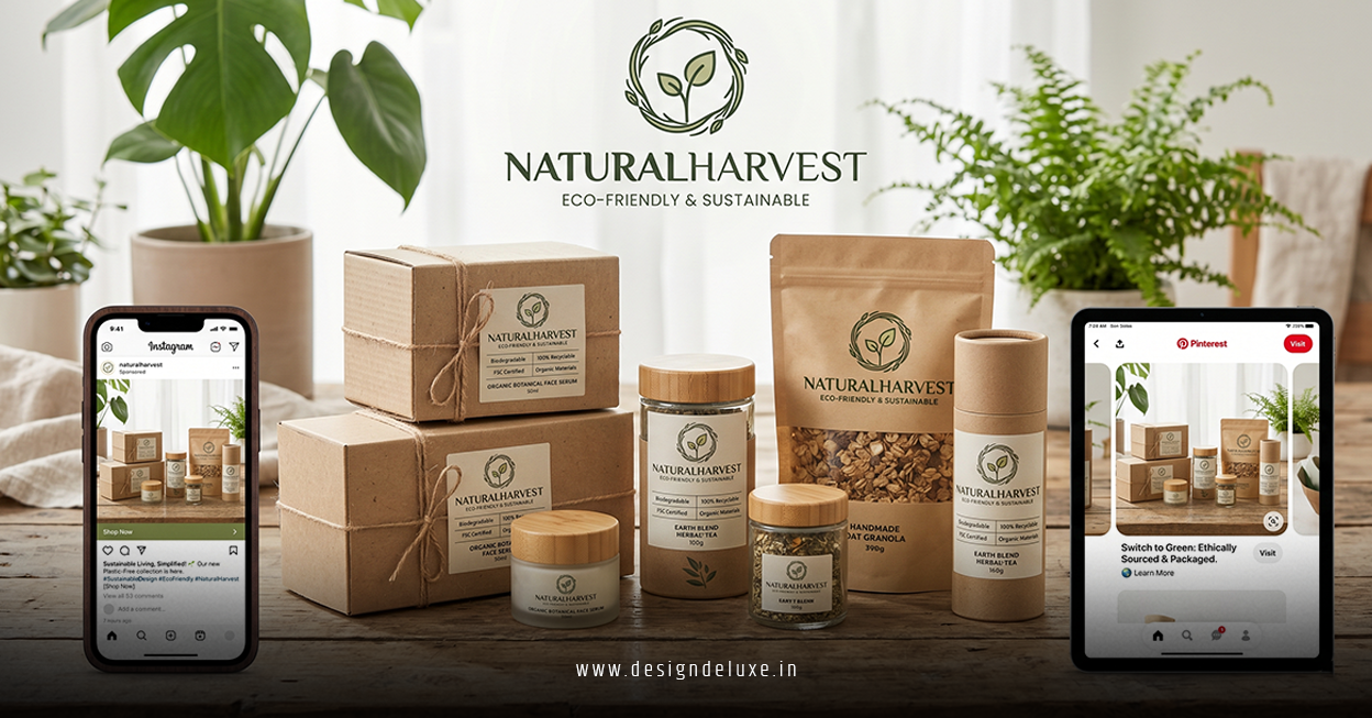 Sustainable Brand Packaging Design with Eco Friendly Logo and Social Media Ads